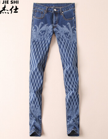 丹杰仕帅气春夏款弹力牛仔裤男小脚韩版修身个性激光印花裤子潮流花纹