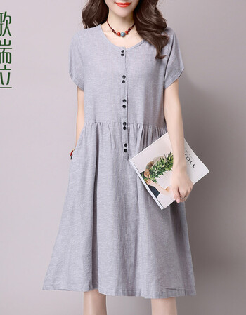 棉麻连衣裙女夏2017新款徐健条纹a字裙子 宽松休闲中长裙 灰色 m