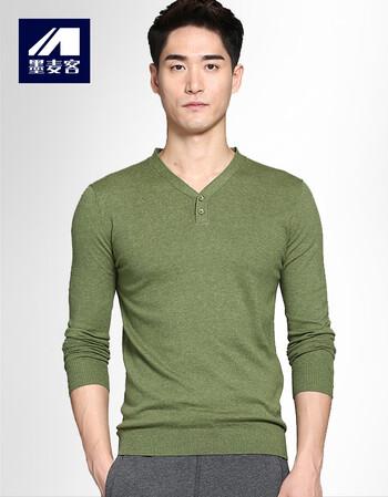 墨麦客2017春季新款男士v领长袖t恤男针织打底衫潮2848 军绿色 170/(m