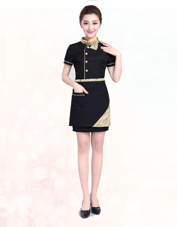 店服务员工作服短袖餐厅饭店工作服短袖 女短袖黑色上衣 围裙 裙子 m