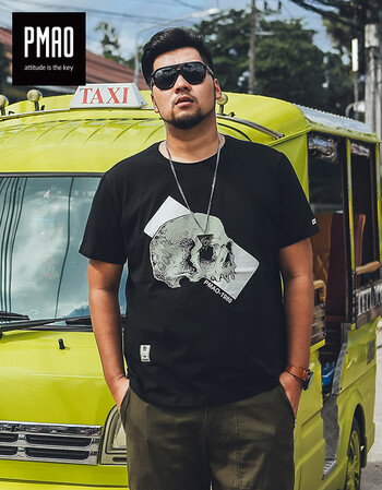 pmao潮牌大码男装 潮胖骷髅印花圆领男半袖宽松大码男士短袖t恤 黑色