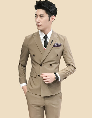 新款男士韩版修身休闲双排扣西服套装 男潮流时尚双排扣西装两件套