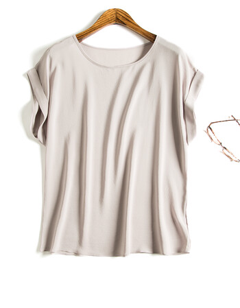 夏季真丝t恤女短袖简约纯色一字领宽松大码上衣桑蚕丝打底衫 香芋色 l