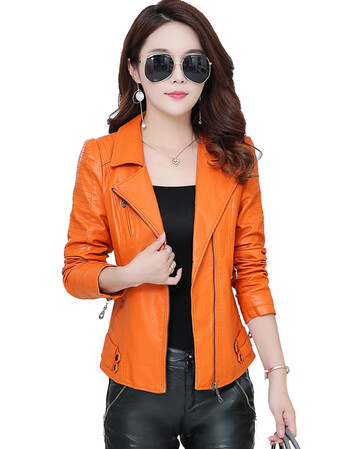 春秋海宁皮衣女短款修身显瘦韩版夹克机车皮小外套新款皮衣 橘色 m