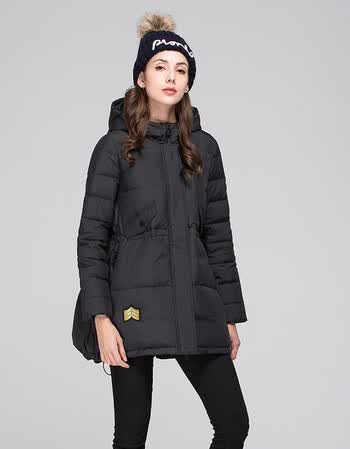 isre/艾尚雪2017秋冬新品 貉子连帽修身中长款羽绒服女装 黑色 s/155