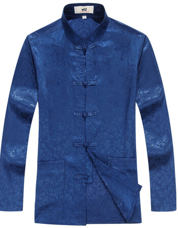 男士长袖上衣中老年人中式唐装男春秋季蚕丝唐装男长袖衬衫 蓝色 l