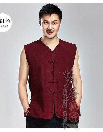 夏季马甲男粗布唐装无袖背心中老年汗衫中式马褂男坎肩老头衫 酒红色