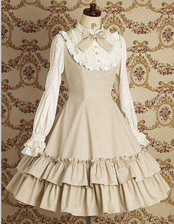 现货lolita哥特式日常长袖连衣裙 棉料 宫廷洋装 cos服定制 卡其色 量
