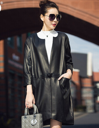 ed2018春季新品真皮皮衣女海宁绵羊皮风衣外套韩版中长款宽松复古7