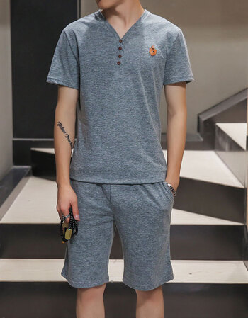 【59元 上衣 裤子】男士时尚棉麻短袖t恤 短裤 套装 绿色 m