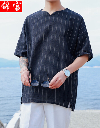 锦宫流港仔宽松文艺男中袖条纹短袖t恤t 黑色 m