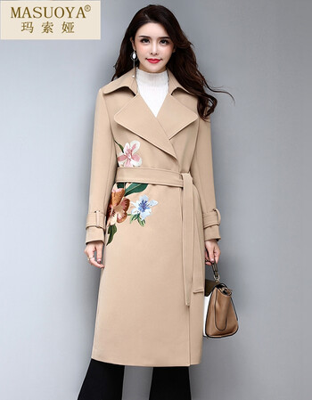 玛索娅品牌风衣女长款长袖女装2017秋装新款绣花修身百搭外套女士收腰