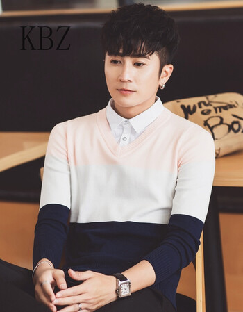 kbz香港潮牌衬衫领毛衣男冬款保暖加绒加厚假两件纯色韩版v领长袖男士