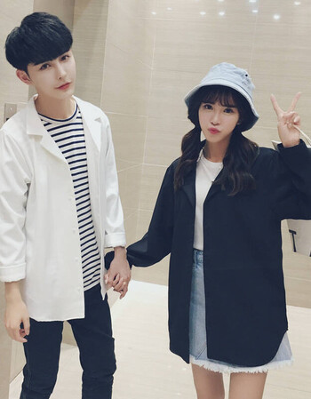 情侣装新款男生女生衬衫外套学生休闲长袖衬衣 黑色 l