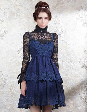 艾丽丝2017秋冬新款淑女气质高腰吊带蕾丝连衣裙v领蓝色a字裙hl234qa