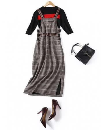 lovina罗威娜高端品牌2017秋季女装新款圆领时尚百搭针织格纹背带