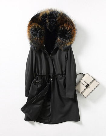 科伦普 真皮皮衣女中长款2017新款貉子毛领派克服大衣羊羔毛内胆皮草