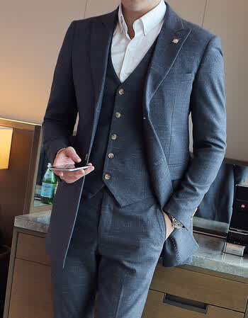 秋装男士英伦修身西服套装格子新郎结婚礼服时尚中长款西装三件套 浅