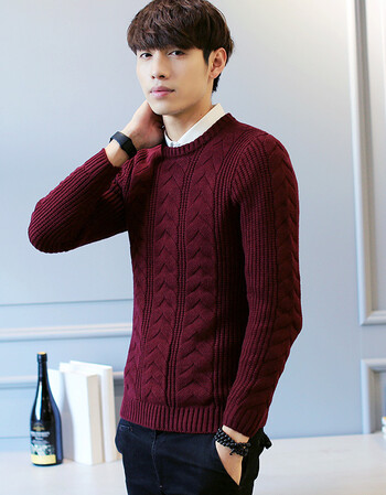 c2潮朝 纯色男士粗针v子花型针织毛衣男 酒红色 m