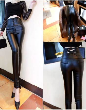 衣荟雅(免邮)实拍性感后背镂空交叉绑带小脚铅笔裤高腰pu紧身皮裤打底