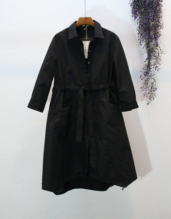 秋季新款韩版时尚宽松纯色薄款中长款收腰显瘦不规则风衣外套女 黑色