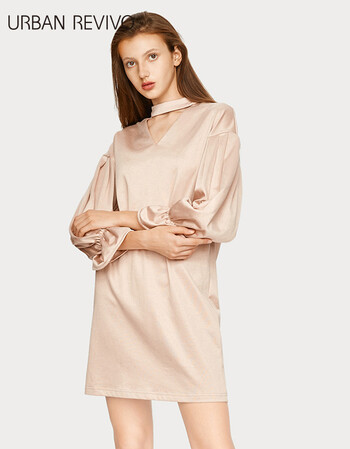 ur新款女士女装v领落肩荷叶袖倒t型棉连衣裙we36s7