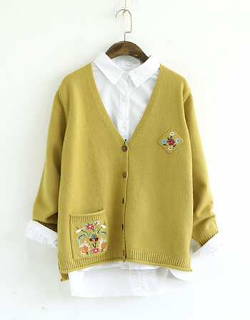 秋季刺绣花朵菱形口袋v领宽松长袖针织衫毛衣 黄色 均码