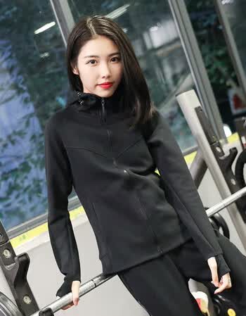 春秋运动外套女长袖跑步健身上衣黑色带帽卫衣修身瑜伽服 黑色 m