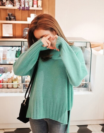 卡珊妮2017韩国宽松套头毛衣 青色 均码
