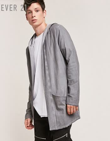 男装 t恤 forever21 男士长款连帽开襟空调衫 灰色 xs