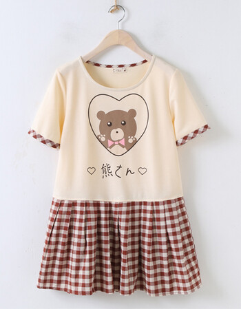 夏季新款女装连衣裙日系森女小清新文艺短袖小熊印花格子裙子 小熊