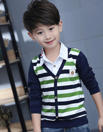儿童装男童针织衫套头春秋t恤衬衫领条纹长袖打底衫宝