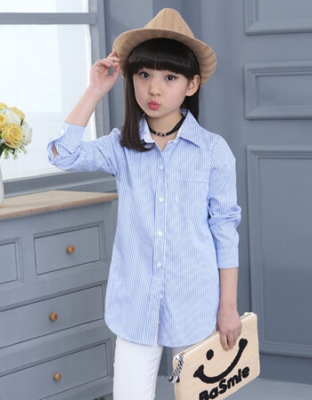 女童条纹衬衫春秋女孩中童上衣女大童韩版蓝条纹长袖中大童衬衣潮