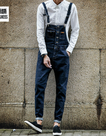 2017新款牛仔背带裤男修身九分裤休闲百搭小脚裤男韩版英伦时尚吊带裤