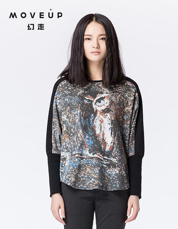 MOVEUP幻走 2015新品猫头鹰印花蝙蝠袖不规则拼接宽松牛仔套头卫衣女 牛仔黑 165/84A/M