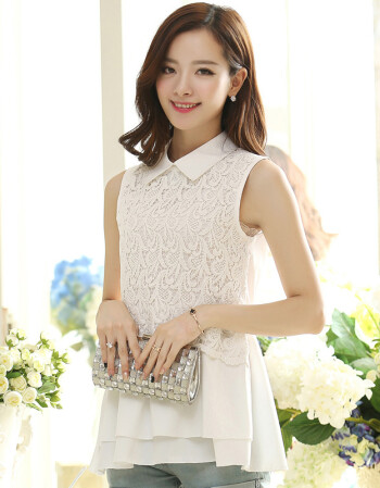 YLYS 2015夏季新款欧美休闲无袖打底衫雪纺纱女夏蕾丝短袖 M