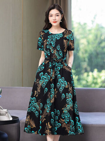 鸢浅 高档大花裙子夏装棉绸连衣裙情侣修身过膝长裙气质阔太太印花大