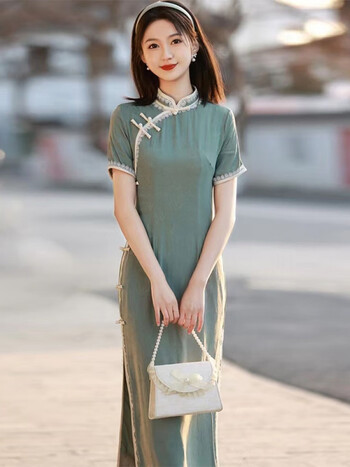 绿色棉麻旗袍2022年新款少女民国风文艺复古素雅长款连衣裙日常穿新款