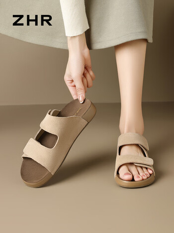 zhr勃肯凉拖时尚便捷魔术贴女鞋舒适平底百搭拖鞋女 ay187 卡其色 38