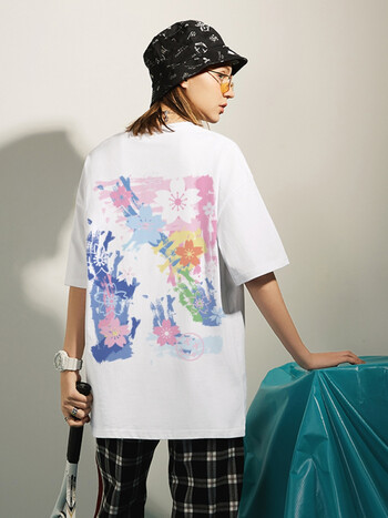 短袖t恤女樱花涂鸦街头国潮情侣装2021年半袖新款个性宽松上衣白色