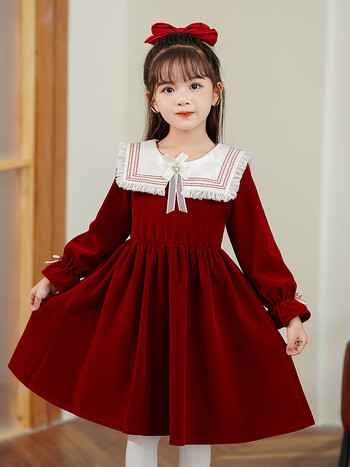 女童海军领连衣裙儿童学院风红色长裙小女孩长袖公主裙秋冬加绒裙子3