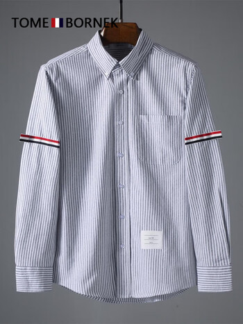 tomebornek汤姆tb衬衫蓝色条纹牛津纺双袖标织带欧美休闲潮牌男女衬衣
