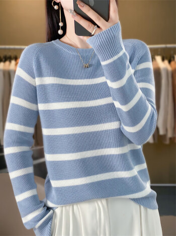她思然条纹针织衫女秋冬新款长袖显瘦保暖打底衫圆领插肩袖套头减龄