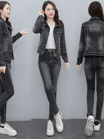 套装女生黑色牛仔套装女韩版修身显瘦气质两件套潮黑灰色218款无刺绣s