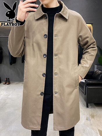 花花公子风衣男中长款春季新款休闲韩版外套男士潮流青年百搭翻领排扣