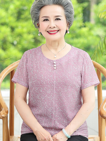 中老年人夏装女短袖奶奶装夏季秋装套装妈妈装t恤老人衣服老太太 藕粉
