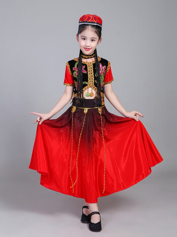 新疆舞蹈演出服儿童少数民族服装表演服女童新款维吾尔族舞裙六一红色