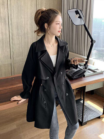 拉夏贝尔风衣外套女2023年春秋新款高端气质英伦收腰显瘦小个子中长款