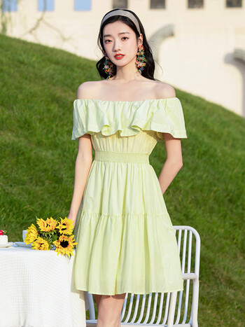 佳人苑连衣裙女2022夏季新款荷叶边圆领甜美a字裙收腰减龄蛋糕裙 嫩芽