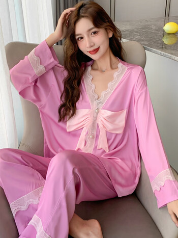 新款冰丝睡衣女春夏季长袖韩学生感两件套装家居服可外穿1022粉色l